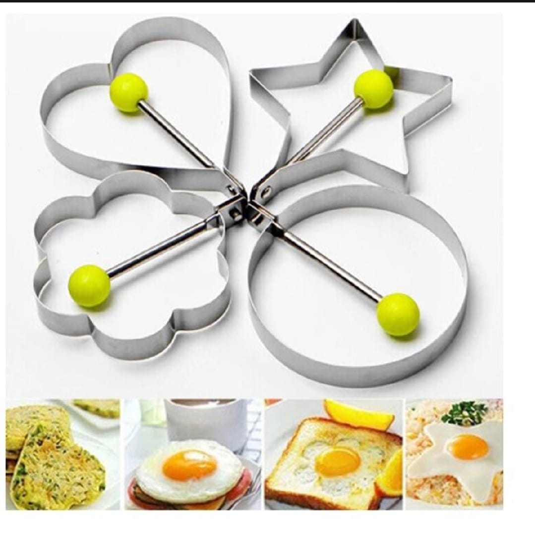4PCs Stainless Steel Egg Ring Mold Set – Fun Shaped Fried Egg & Pancake Moulds (Star, Heart, Flower, Circle) for Creative Cooking