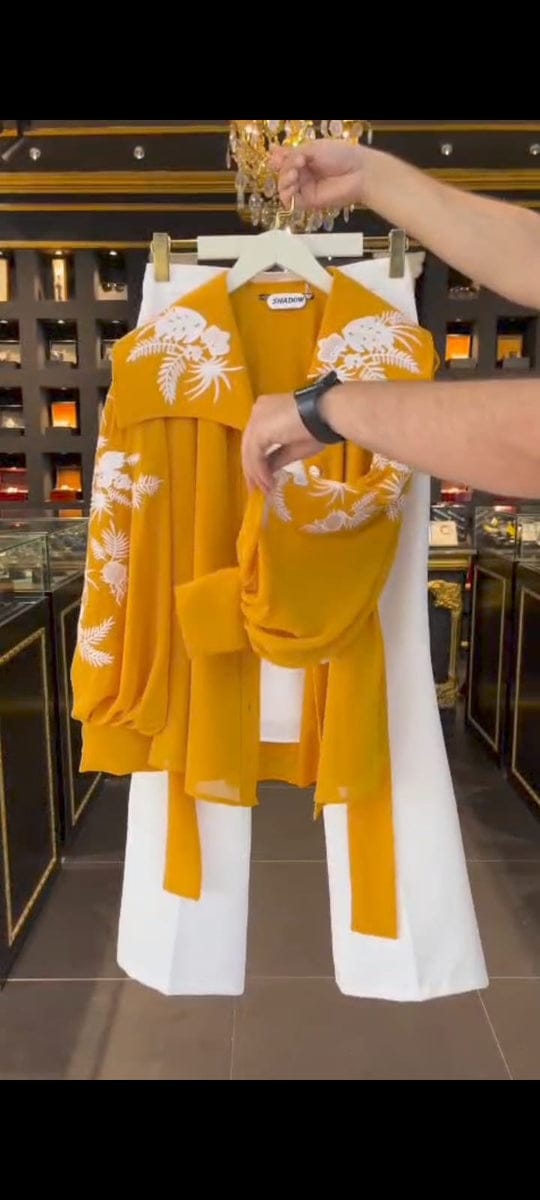 Women’s 3-Piece Mustard Embroidered Chiffon Western Maxi Set – Upper, Inner & Belt, Medium Size, Elegant Party Wear