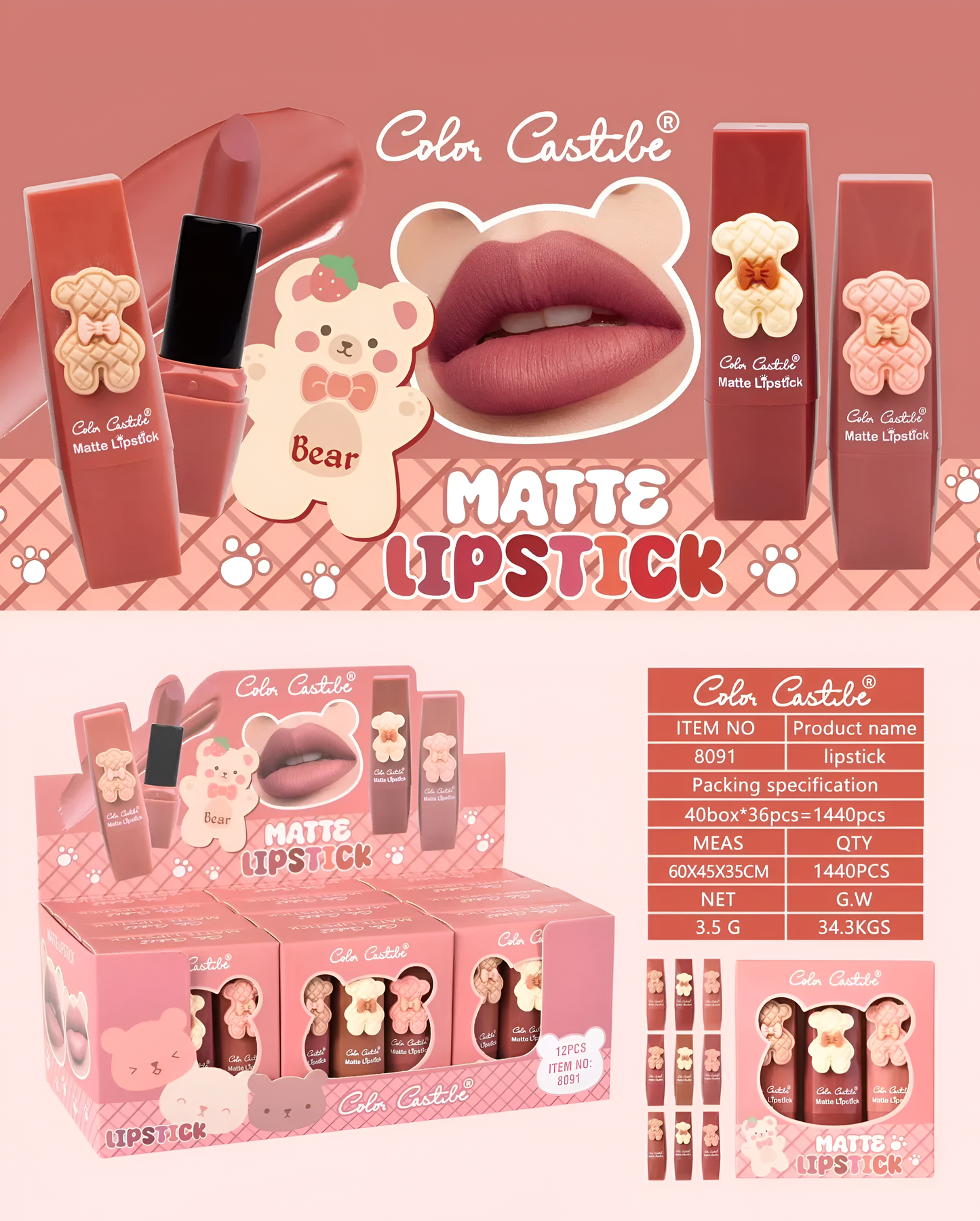 Color Castile Pack of 3 Bear Shape Matte Lipsticks – Long-Lasting, Bold & Vibrant Makeup Essential