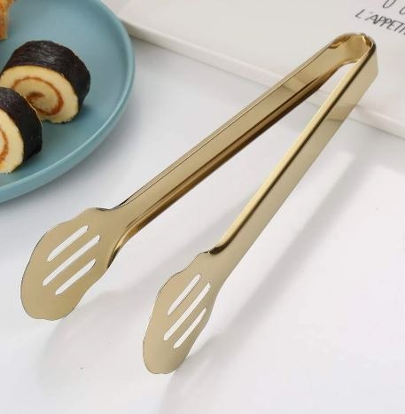 Mini Stainless Steel Food Serving Tong – 6 Inch Strainer Tong with 28-Hole Flat Head for Salad, Ice Cubes, Pastries, Frying & Tea