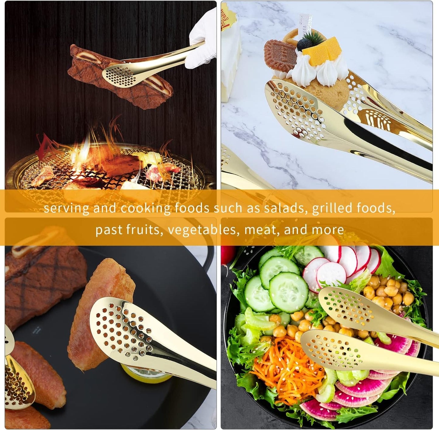 Mini Stainless Steel Food Serving Tong – 6 Inch Strainer Tong with 28-Hole Flat Head for Salad, Ice Cubes, Pastries, Frying & Tea