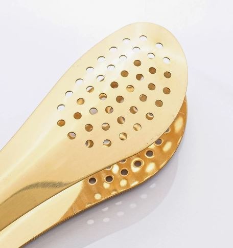 Mini Stainless Steel Food Serving Tong – 6 Inch Strainer Tong with 28-Hole Flat Head for Salad, Ice Cubes, Pastries, Frying & Tea