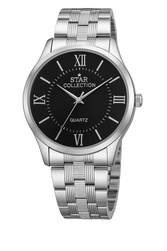 STAR COLLECTION Men's Stainless Steel Watch – Silver Quartz Analog, Waterproof, Classic Roman Dial (No Box)