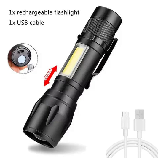 Super Bright USB Rechargeable Plastic Flashlight with Side Light – Compact, Durable &amp; Powerful LED Torch