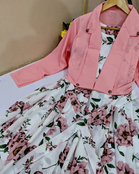 2 pcs Stylish Floral Print Maxi Dress with Pink Jacket - Women's Western Wear -  Floral Maxi