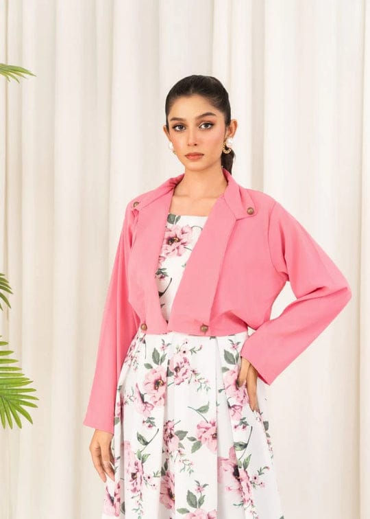 2 pcs Stylish Floral Print Maxi Dress with Pink Jacket - Women's Western Wear -  Floral Maxi