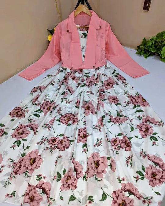 2 pcs Stylish Floral Print Maxi Dress with Pink Jacket - Women's Western Wear -  Floral Maxi