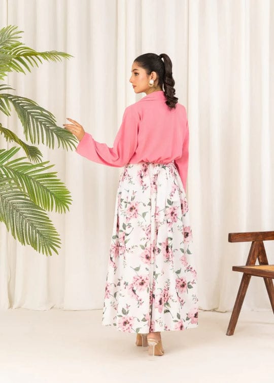 2 pcs Stylish Floral Print Maxi Dress with Pink Jacket - Women's Western Wear -  Floral Maxi