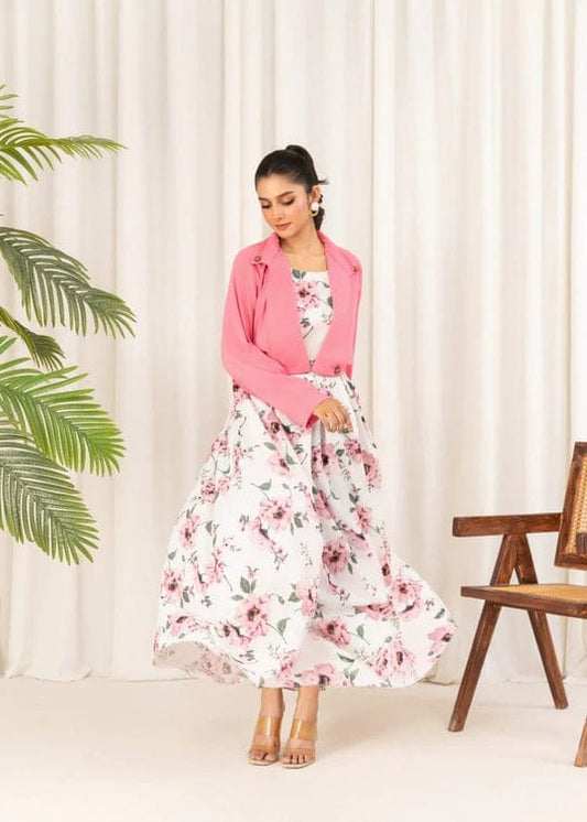 2 pcs Stylish Floral Print Maxi Dress with Pink Jacket - Women's Western Wear -  Floral Maxi