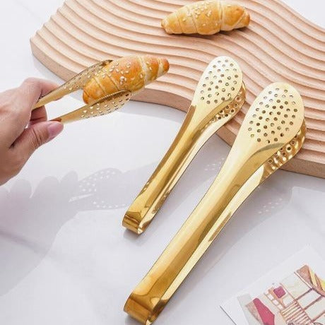 Mini Stainless Steel Food Serving Tong – 6 Inch Strainer Tong with 28-Hole Flat Head for Salad, Ice Cubes, Pastries, Frying &amp; Tea