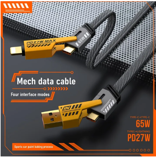 4 in 1 Data Cable Pack of 2 – USB-C &amp; Lightning Connectors, Braided Durable Design, Fast Charging &amp; Data Transfer, Black with Yellow Connectors