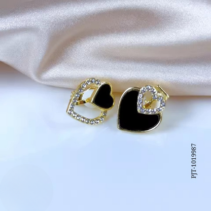 Pjt-987 Beautifull Korean Heart Shape Zircon Earrings For Women – Sparkling Black & White Crystal Studs, Fashion Jewelry Gift For Everyday Wear And Special Occasions